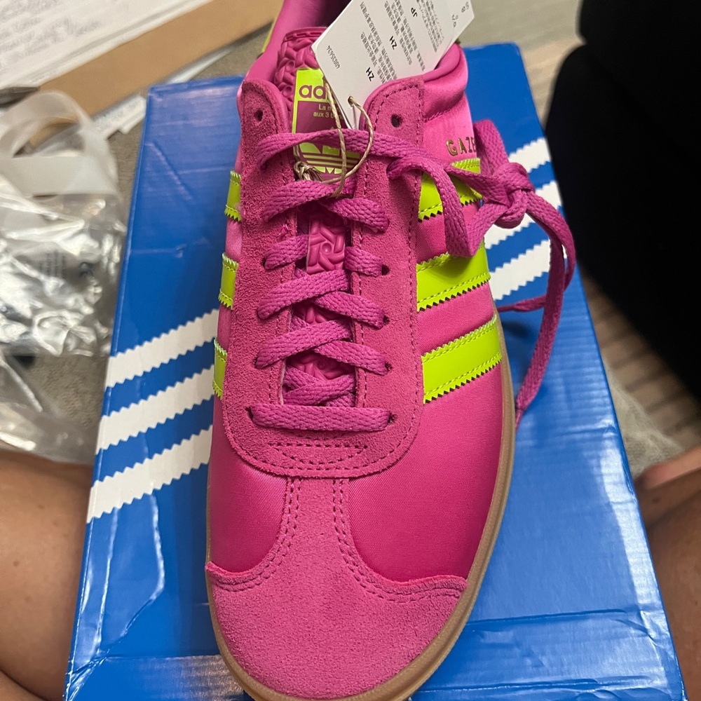 SOLD! Adidas Gazelle Women's Vibrant Pink and Neon Yellow Sneakers - Picture 3 of 4